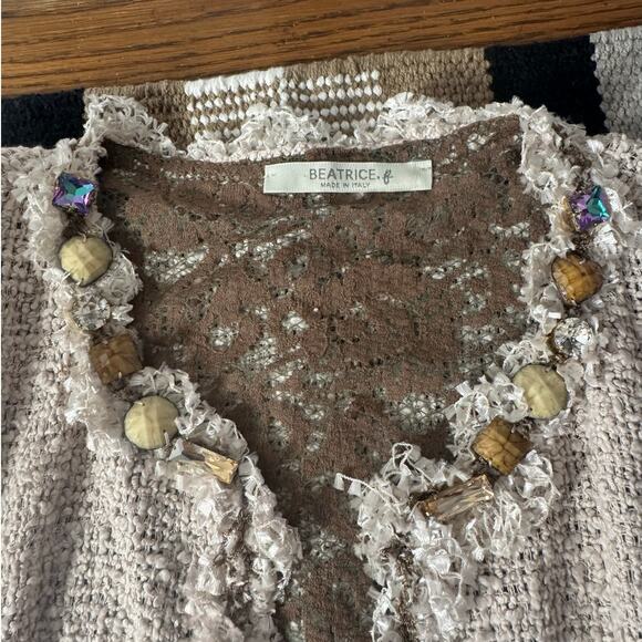 Beatrice Made in Italy Cardigan Women 8 Tweed Lace Bling Neck Coquette Ballet - Picture 3 of 8